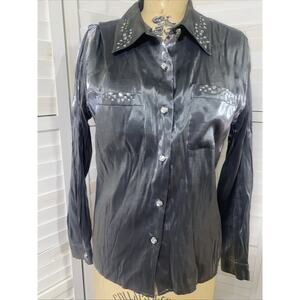 Nancy Bolen City Girl Women's Large Blouse Button Front Silver Rhinestones USA